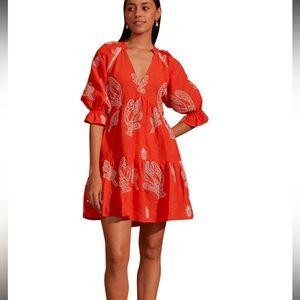 NOIB Tangerine Orange 100%Linen Sofia Embroidered Puff Sleeves Mini Dress NWOT M